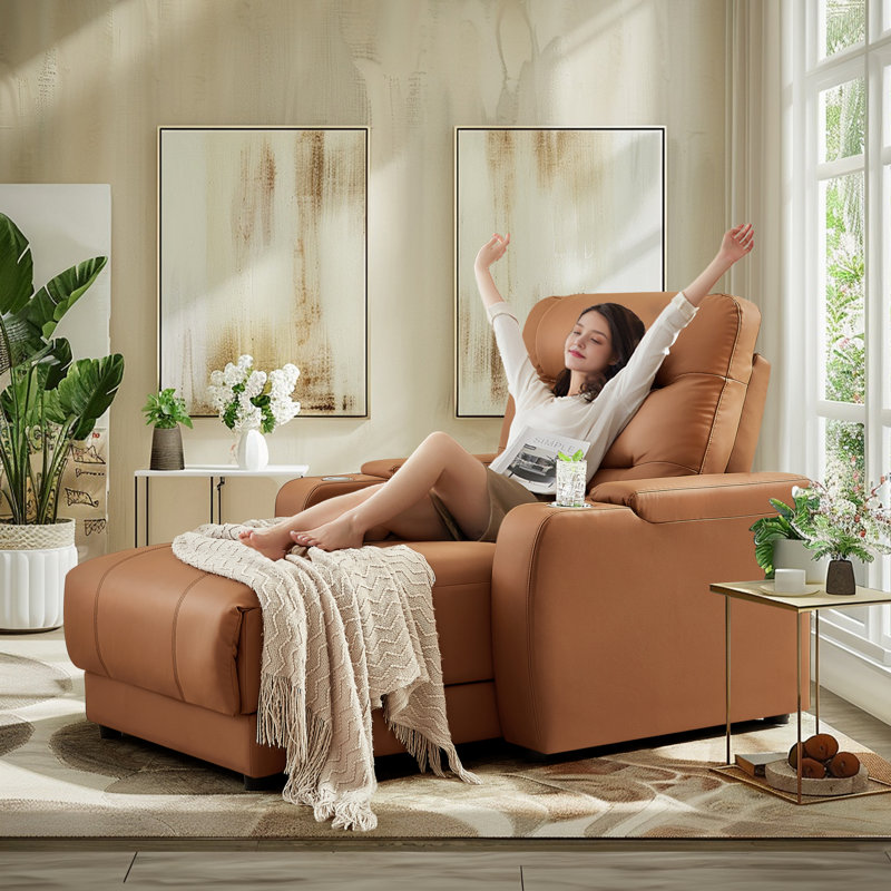 Kofel Vegan Leather Chaise Lounge with Wireless Charging and Cup Holder Latitude Run Upholstery Color Brown